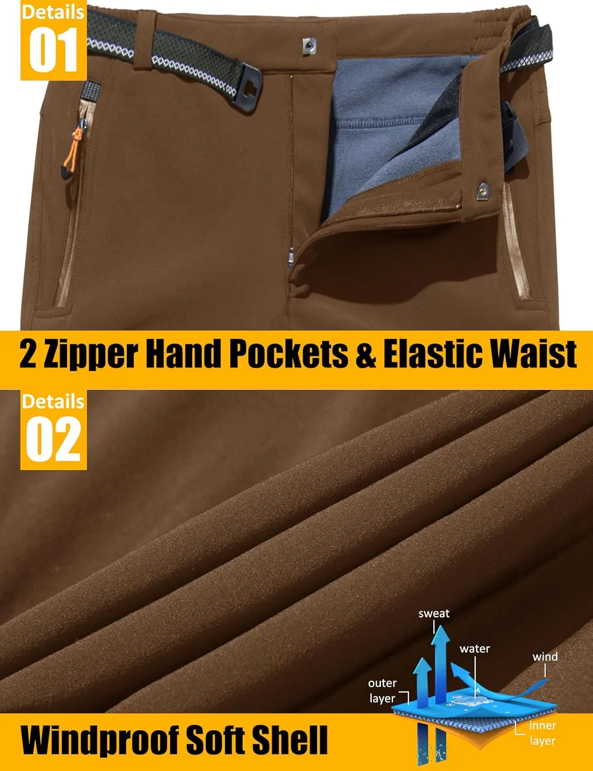 MAGCOMSEN Men's Winter Pants Fleece Lined Ski Snow Pants Water Resistant 4 Zip Pockets Outdoor Pants