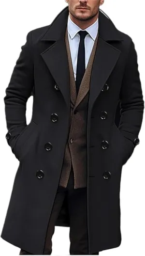 Maiyifu-GJ Men's Notch Lapel Double Breasted Long Trench Coat Casual Cotton Blend Peacoat Outdoor Windbreaker