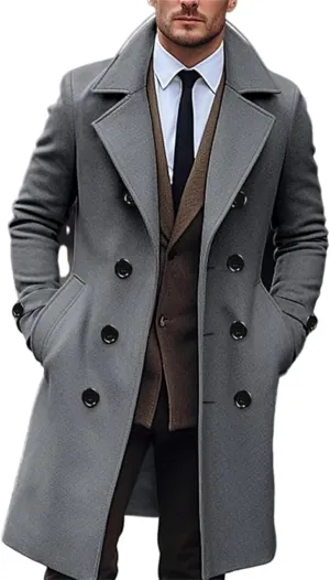 Maiyifu-GJ Men's Notch Lapel Double Breasted Long Trench Coat Casual Cotton Blend Peacoat Outdoor Windbreaker