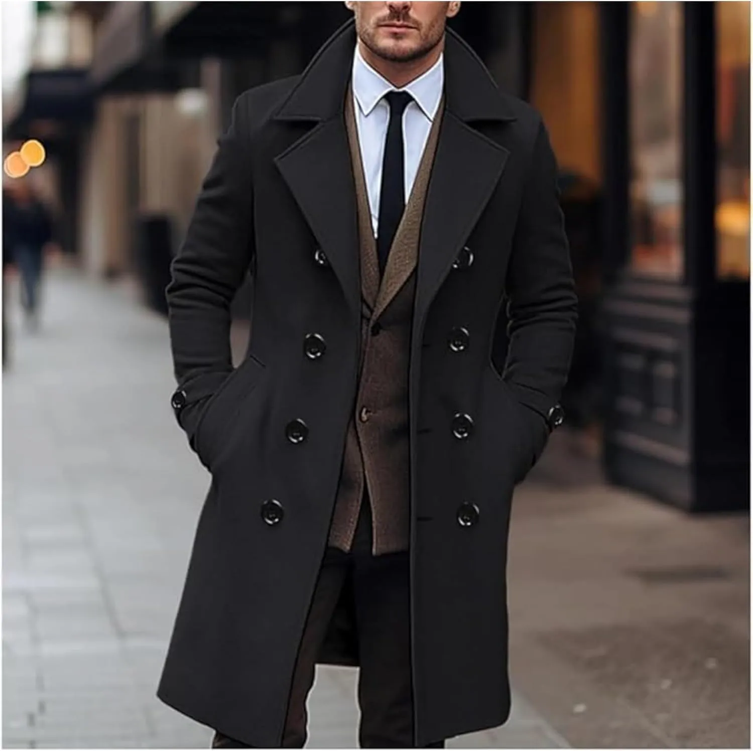 Maiyifu-GJ Men's Notch Lapel Double Breasted Long Trench Coat Casual Cotton Blend Peacoat Outdoor Windbreaker