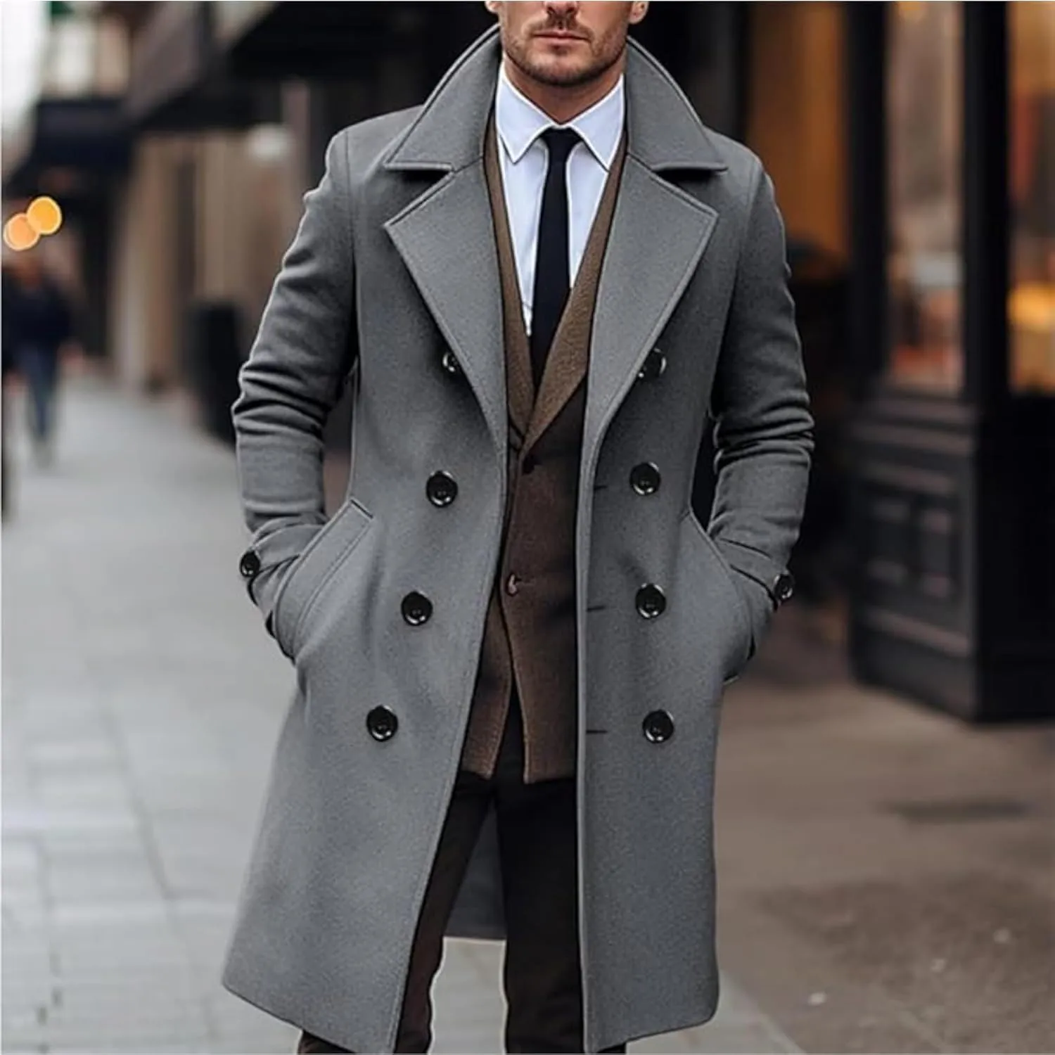 Maiyifu-GJ Men's Notch Lapel Double Breasted Long Trench Coat Casual Cotton Blend Peacoat Outdoor Windbreaker