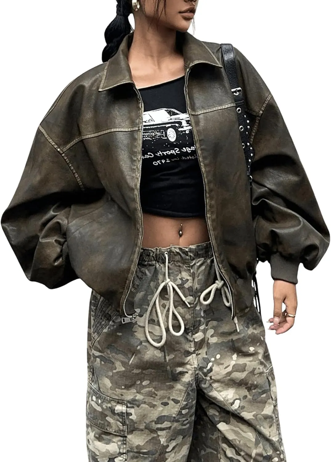 MakeMeChic Women's Casual PU Leather Zip Up Jacket Long Sleeve Collared Neck Outwear Coats