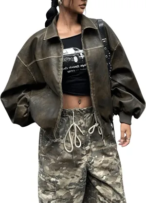 MakeMeChic Women's Casual PU Leather Zip Up Jacket Long Sleeve Collared Neck Outwear Coats