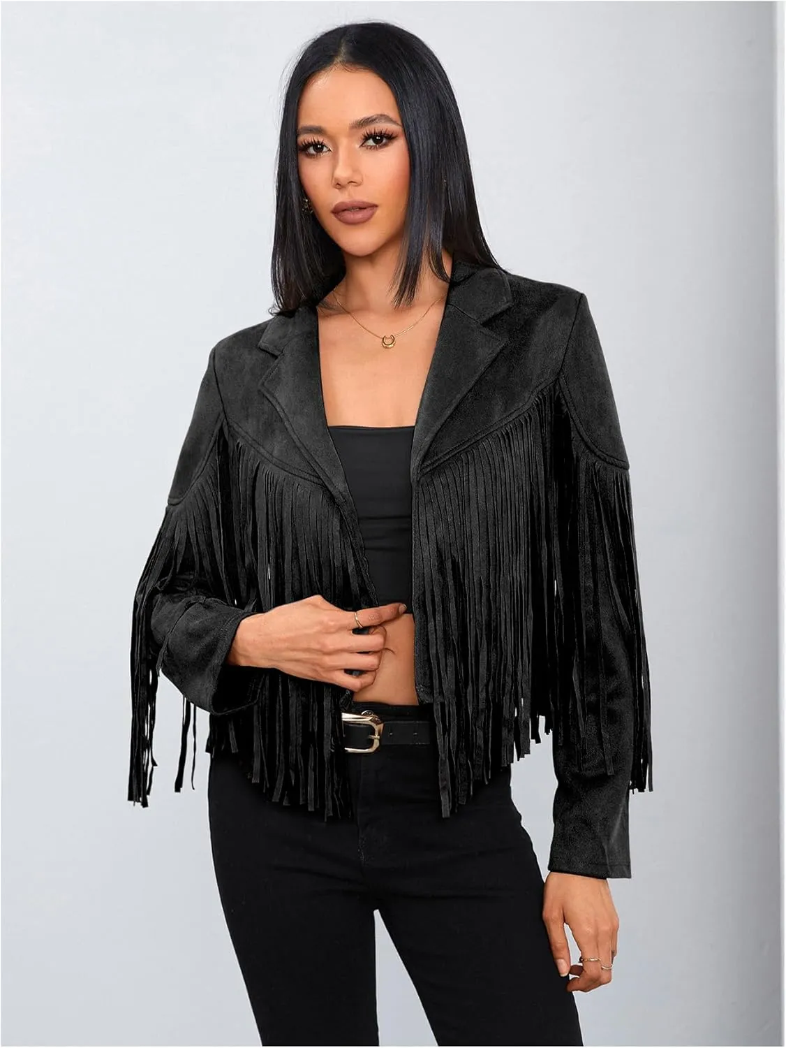 MakeMeChic Women's Faux Suede Tassel Cowgirl Coats Western Fringe Jackets 70s Hippie Costume