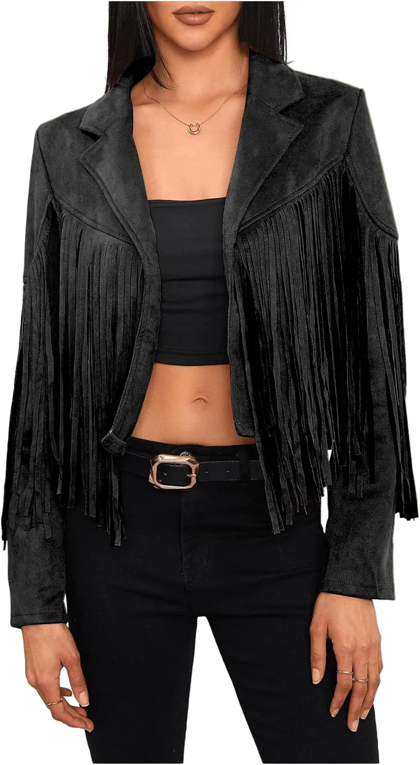 MakeMeChic Women's Faux Suede Tassel Cowgirl Coats Western Fringe Jackets 70s Hippie Costume