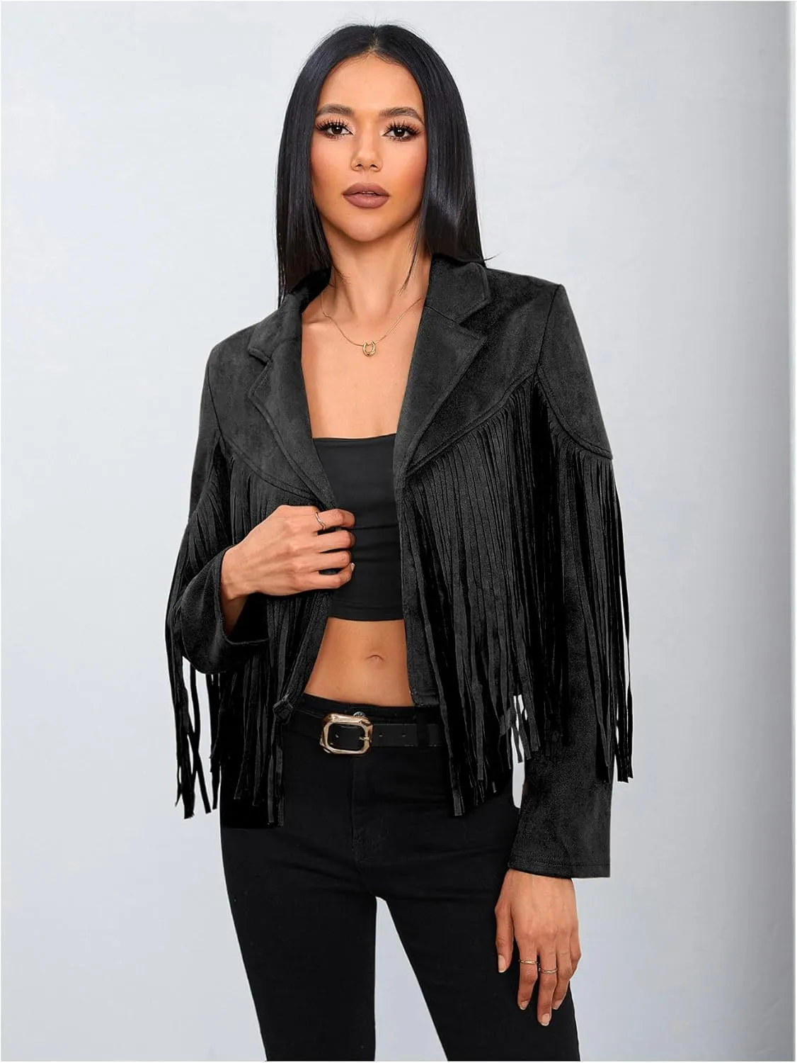 MakeMeChic Women's Faux Suede Tassel Cowgirl Coats Western Fringe Jackets 70s Hippie Costume
