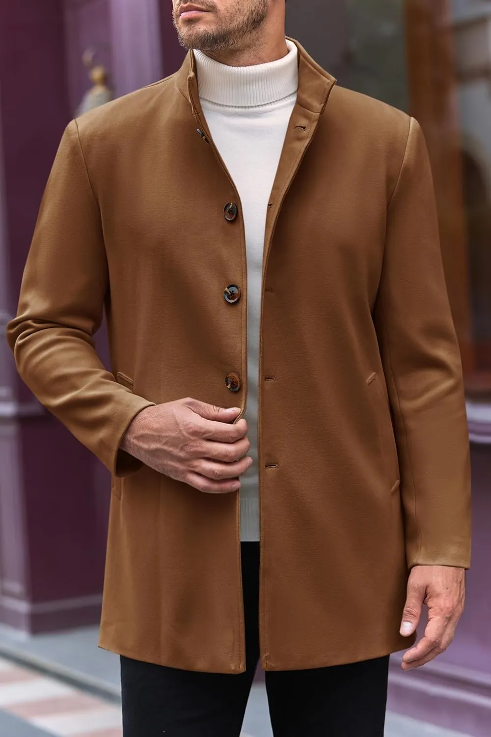 Makkrom Mens Casual Overcoat Winter Single Breasted Stand Collar Peacoat Business Warm Lapel Topcoat