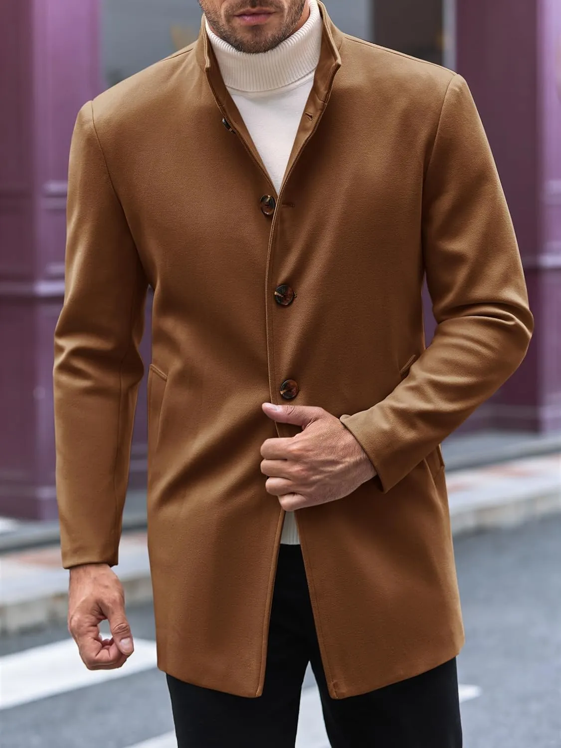 Makkrom Mens Casual Overcoat Winter Single Breasted Stand Collar Peacoat Business Warm Lapel Topcoat