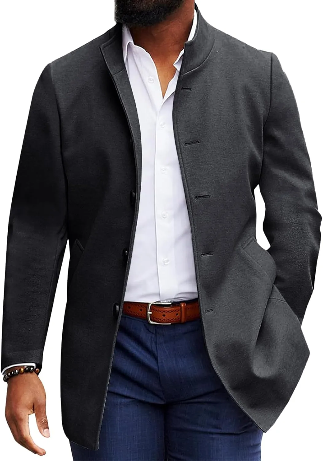 Makkrom Mens Casual Overcoat Winter Single Breasted Stand Collar Peacoat Business Warm Lapel Topcoat