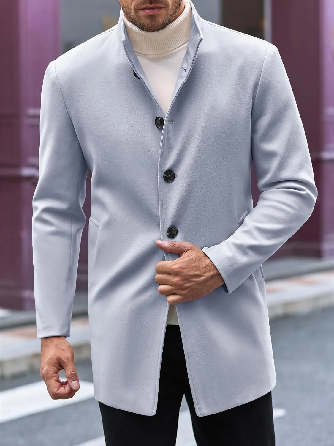 Makkrom Mens Casual Overcoat Winter Single Breasted Stand Collar Peacoat Business Warm Lapel Topcoat