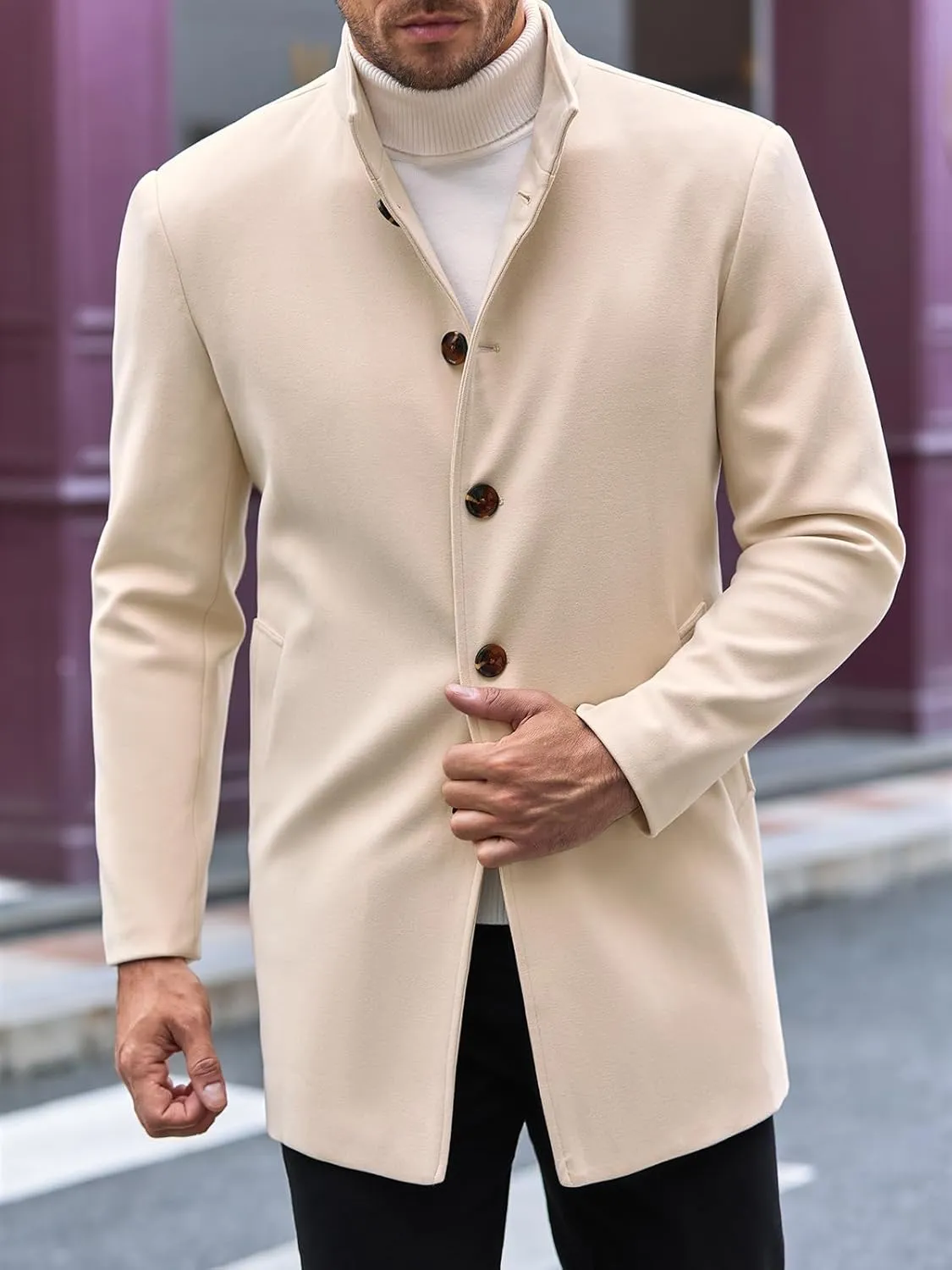 Makkrom Mens Casual Overcoat Winter Single Breasted Stand Collar Peacoat Business Warm Lapel Topcoat