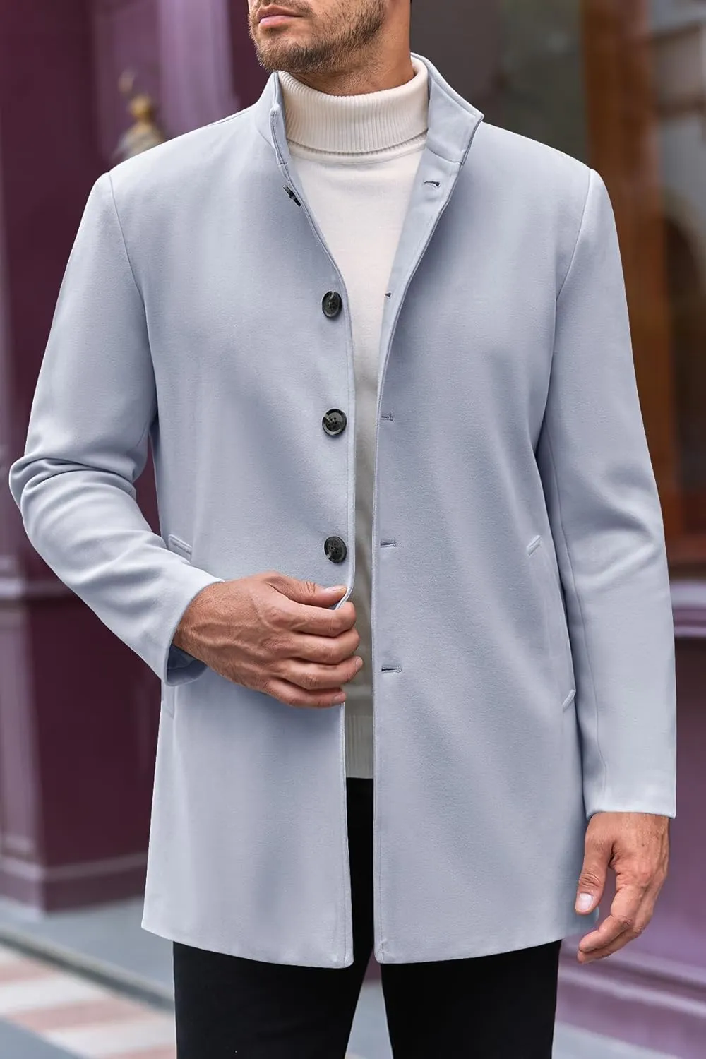 Makkrom Mens Casual Overcoat Winter Single Breasted Stand Collar Peacoat Business Warm Lapel Topcoat