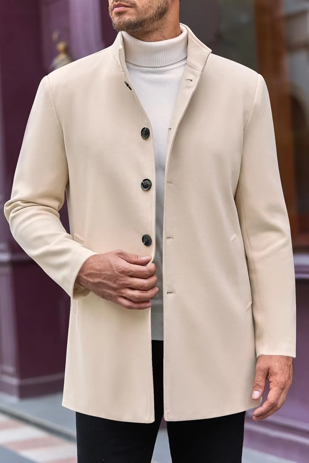 Makkrom Mens Casual Overcoat Winter Single Breasted Stand Collar Peacoat Business Warm Lapel Topcoat