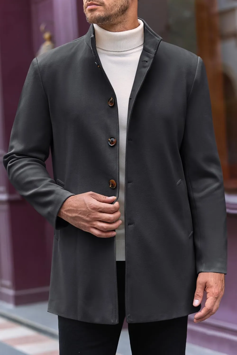 Makkrom Mens Casual Overcoat Winter Single Breasted Stand Collar Peacoat Business Warm Lapel Topcoat
