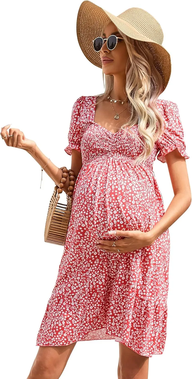 Maternity Dress Women's Maternity Dresses A Line Sweetheart Neck Ruffle Flowy Mini Boho Maternity Dress for Wedding Guest Pinkfloral S