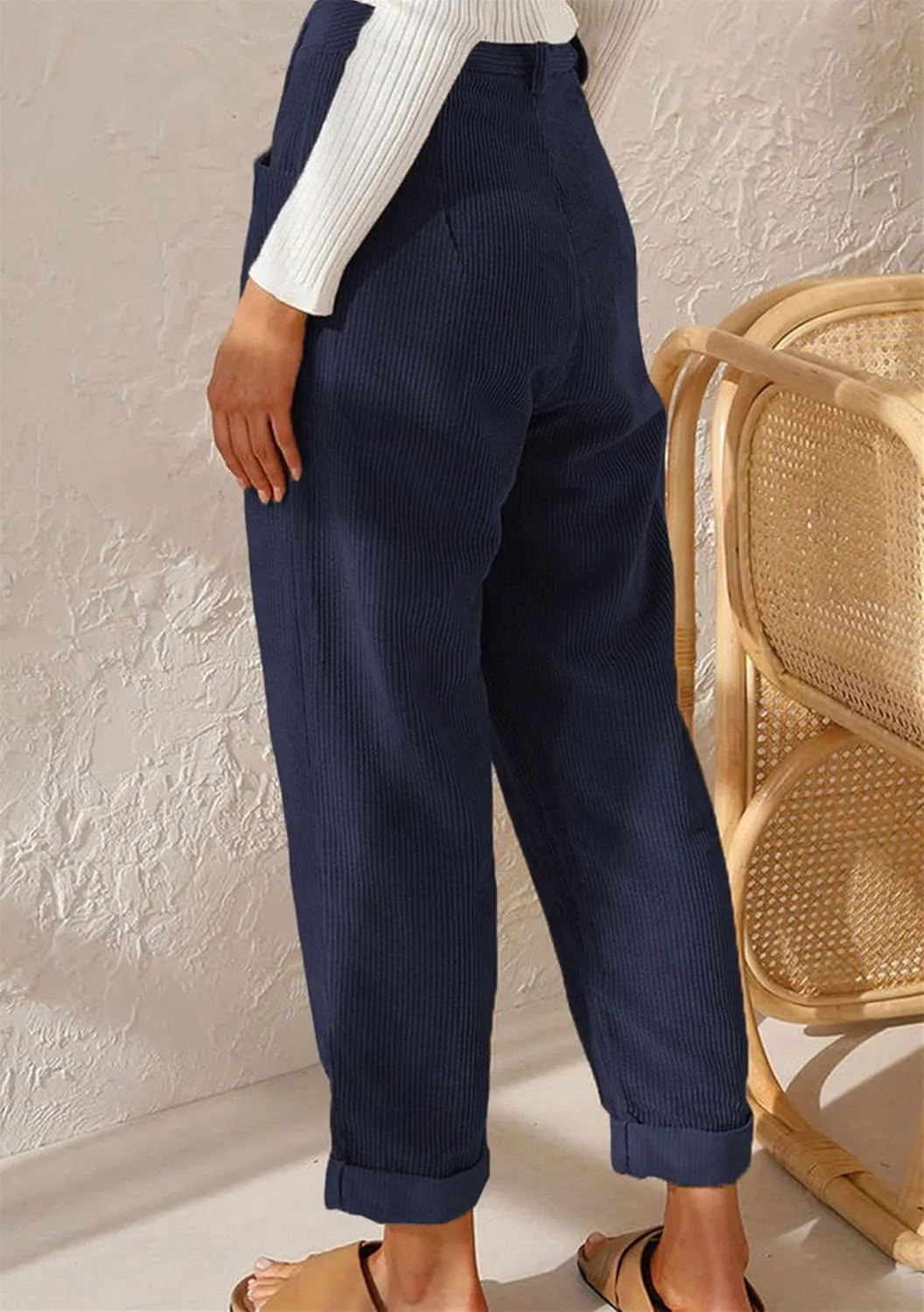 MAYRAIN Womens High Waisted Oversized Corduroy Pants Baggy Straight Leg Trousers Classic Pleated Pocketed Pants