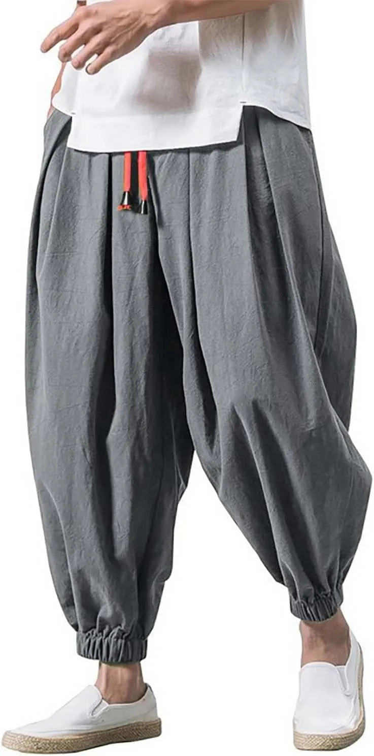 Men Casual Baggy Joggers Sweatpants, Elastic Drawstring Tapered Hippie Harem Pants, Solid Color Loose Fit Pants
