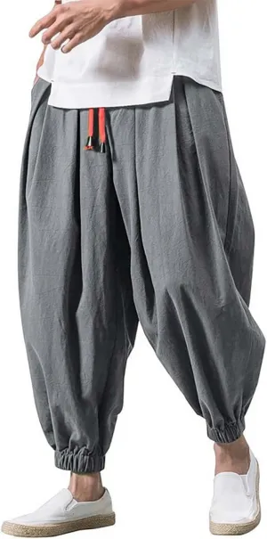 Men Casual Baggy Joggers Sweatpants, Elastic Drawstring Tapered Hippie Harem Pants, Solid Color Loose Fit Pants