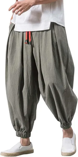 Men Casual Baggy Joggers Sweatpants, Elastic Drawstring Tapered Hippie Harem Pants, Solid Color Loose Fit Pants