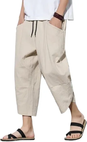 Men Chinese Style Cotton Linen Harem Pants Mens Retro Streetwear Beach Pants Male Casual Summer Trousers