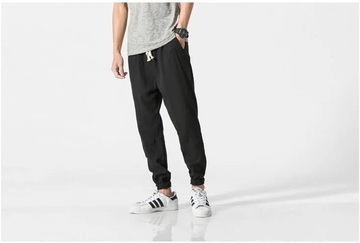 Men Linen Baggy Japanese Pants Fashion Streetwear Harem Pants with Pockets