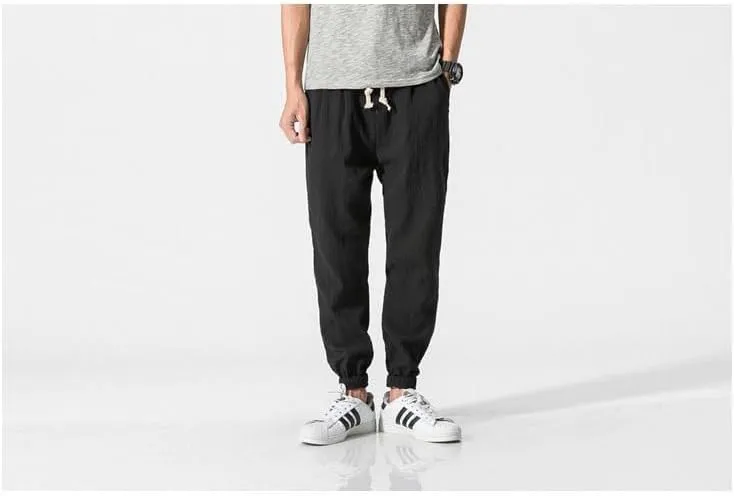 Men Linen Baggy Japanese Pants Fashion Streetwear Harem Pants with Pockets