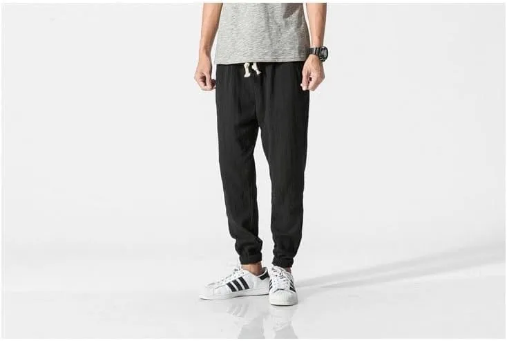 Men Linen Baggy Japanese Pants Fashion Streetwear Harem Pants with Pockets