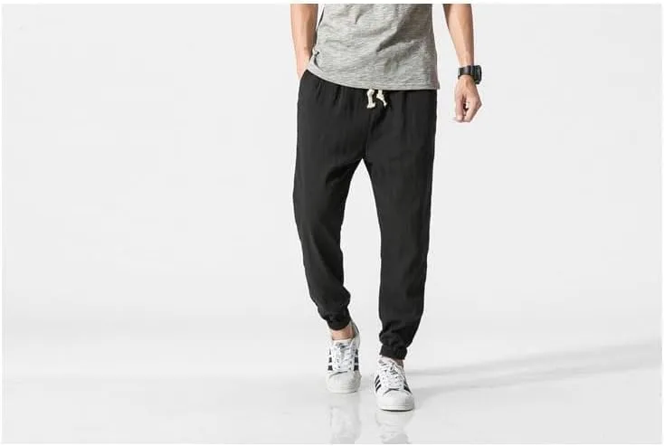 Men Linen Baggy Japanese Pants Fashion Streetwear Harem Pants with Pockets