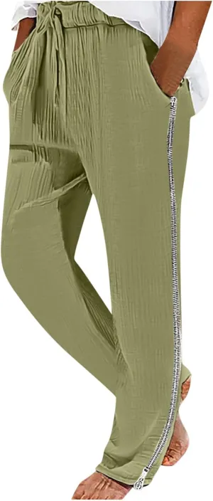 Men Linen Pants Side Zipper Pants Drawstring Tapered Pants Elastic Waist Trousers Losse Fit Summer Pants Dress Pants