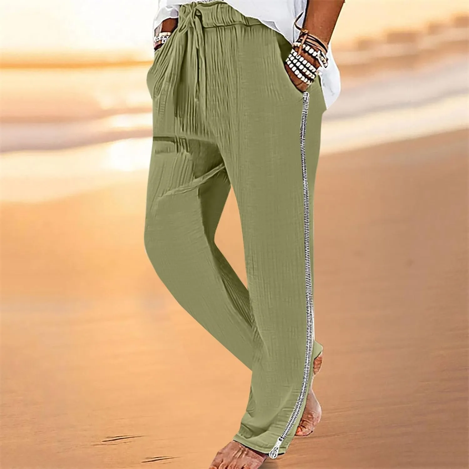 Men Linen Pants Side Zipper Pants Drawstring Tapered Pants Elastic Waist Trousers Losse Fit Summer Pants Dress Pants