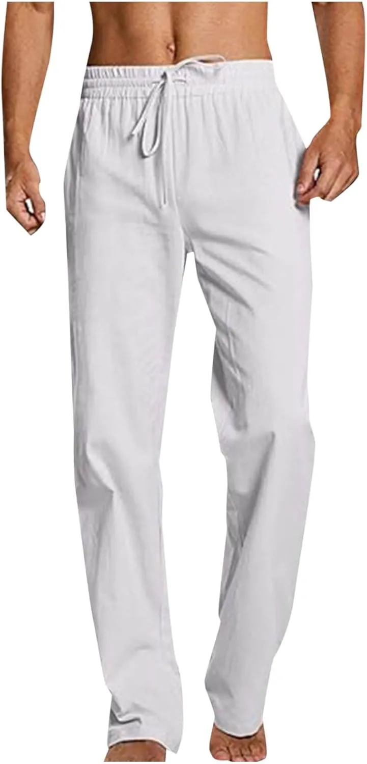 Men Linen Pants Slim Fit Lightweight Basic Comfy Drawstring Elastic Waist Trousers Casual Summer Lounge Clothes 2025