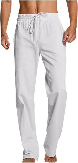 Men Linen Pants Slim Fit Lightweight Basic Comfy Drawstring Elastic Waist Trousers Casual Summer Lounge Clothes 2025
