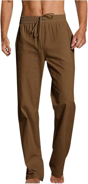 Men Linen Pants Slim Fit Lightweight Basic Comfy Drawstring Elastic Waist Trousers Casual Summer Lounge Clothes 2025
