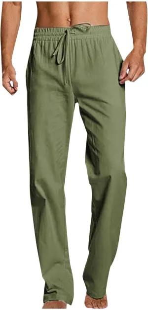 Men Linen Pants Slim Fit Lightweight Basic Comfy Drawstring Elastic Waist Trousers Casual Summer Lounge Clothes 2025