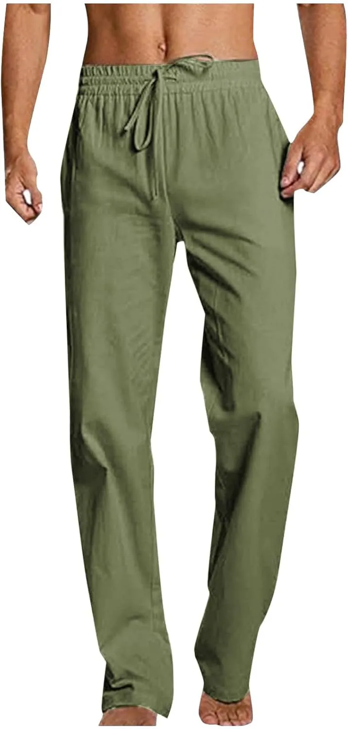Men Linen Pants Slim Fit Lightweight Basic Comfy Drawstring Elastic Waist Trousers Casual Summer Lounge Clothes 2025