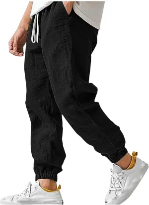 Men Pants Slim Fit Basic Elastic Waist Drawstring Comfy Linen Trousers Casual Fashion Lightweight Summer Beach Outfit