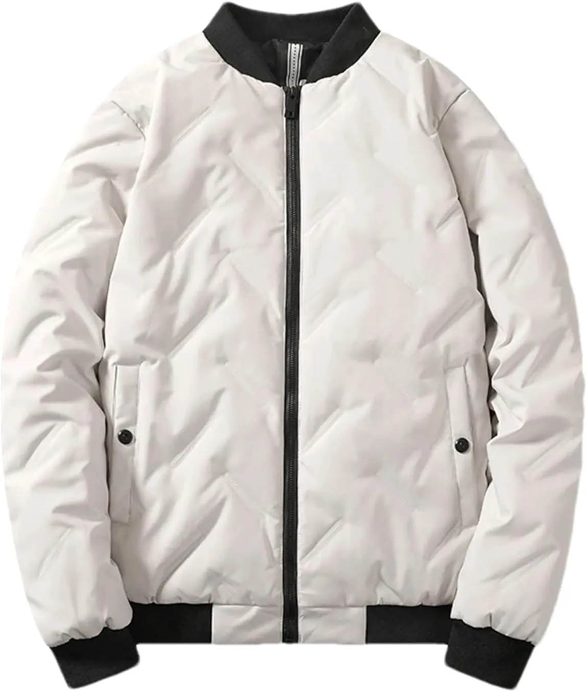 Men Patchwork Mock Neck Zipper Cotton-Padded Casual Pockets Long Sleeve Parka Coat
