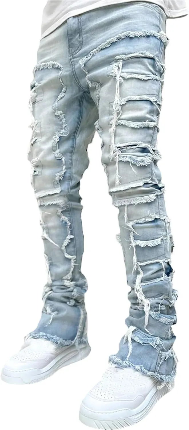 Men Stacked Jeans Distressed Destroyed Straight Denim Pants Fitted Solid Ripped Jeans Harajuku Cargo Trousers