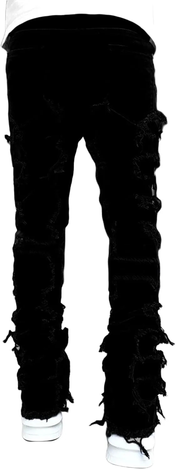 Men Stacked Jeans Distressed Destroyed Straight Denim Pants Fitted Solid Ripped Jeans Harajuku Cargo Trousers