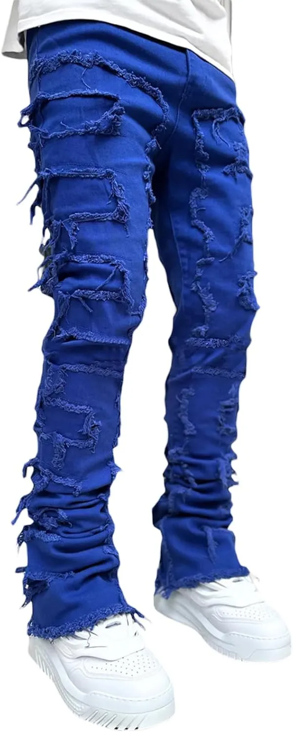 Men Stacked Jeans Distressed Destroyed Straight Denim Pants Fitted Solid Ripped Jeans Harajuku Cargo Trousers