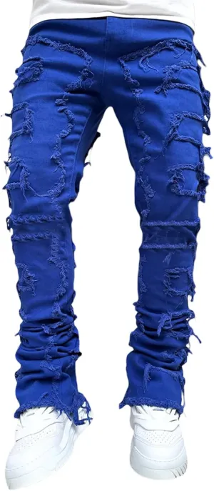 Men Stacked Jeans Distressed Destroyed Straight Denim Pants Fitted Solid Ripped Jeans Harajuku Cargo Trousers
