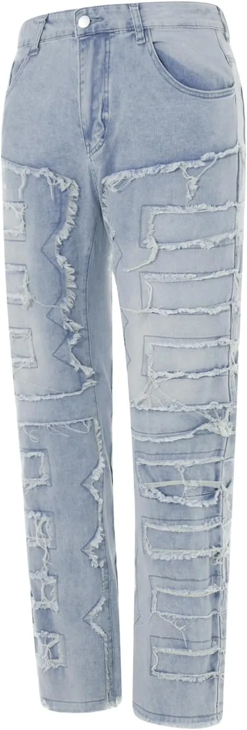 Men Stacked Jeans Distressed Destroyed Straight Denim Pants Fitted Solid Ripped Jeans Harajuku Cargo Trousers