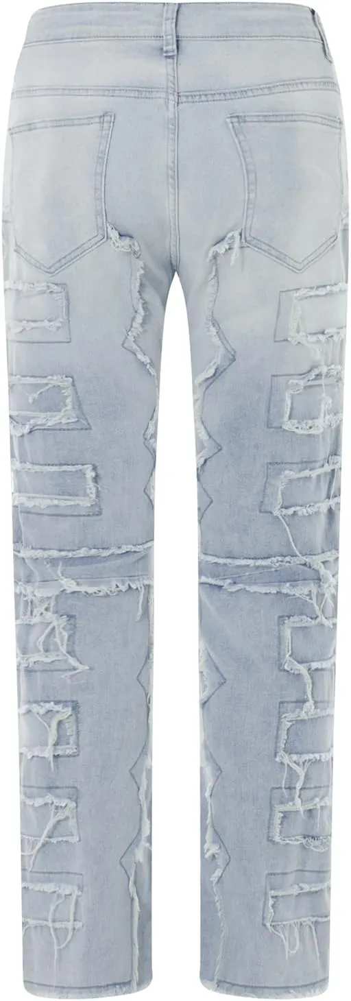 Men Stacked Jeans Distressed Destroyed Straight Denim Pants Fitted Solid Ripped Jeans Harajuku Cargo Trousers