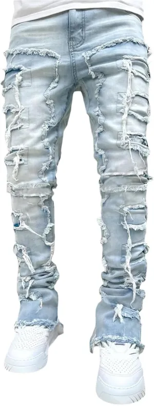 Men Stacked Jeans Distressed Destroyed Straight Denim Pants Fitted Solid Ripped Jeans Harajuku Cargo Trousers