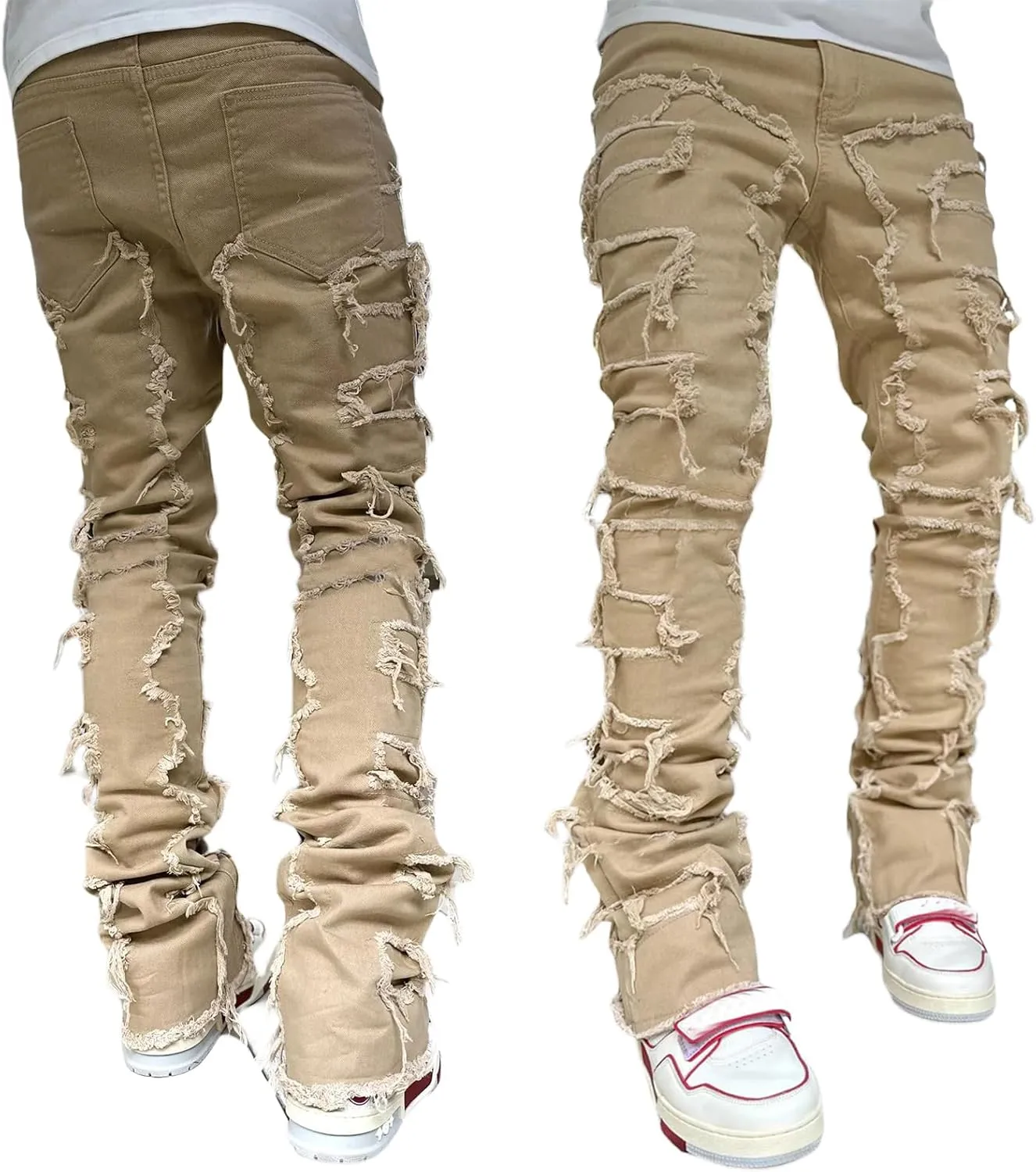 Men Stacked Jeans Distressed Destroyed Straight Denim Pants Fitted Solid Ripped Jeans Harajuku Cargo Trousers