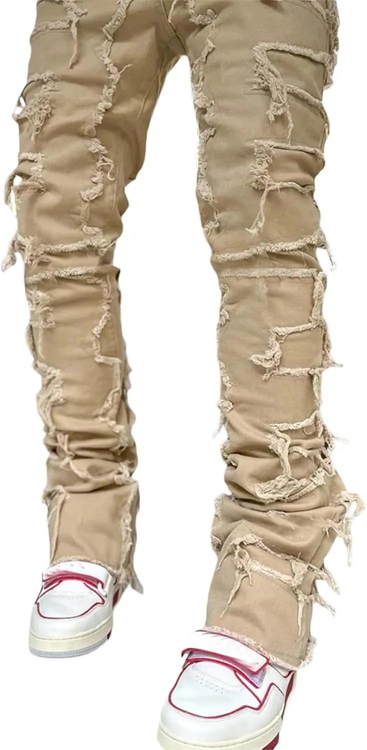 Men Stacked Jeans Distressed Destroyed Straight Denim Pants Fitted Solid Ripped Jeans Harajuku Cargo Trousers