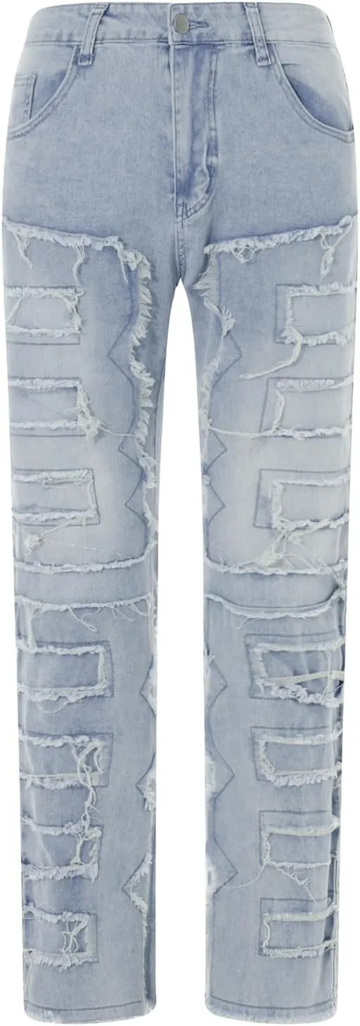 Men Stacked Jeans Distressed Destroyed Straight Denim Pants Fitted Solid Ripped Jeans Harajuku Cargo Trousers