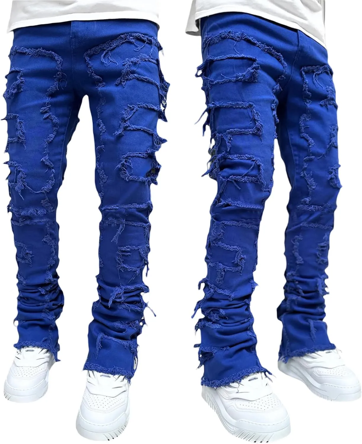 Men Stacked Jeans Distressed Destroyed Straight Denim Pants Fitted Solid Ripped Jeans Harajuku Cargo Trousers