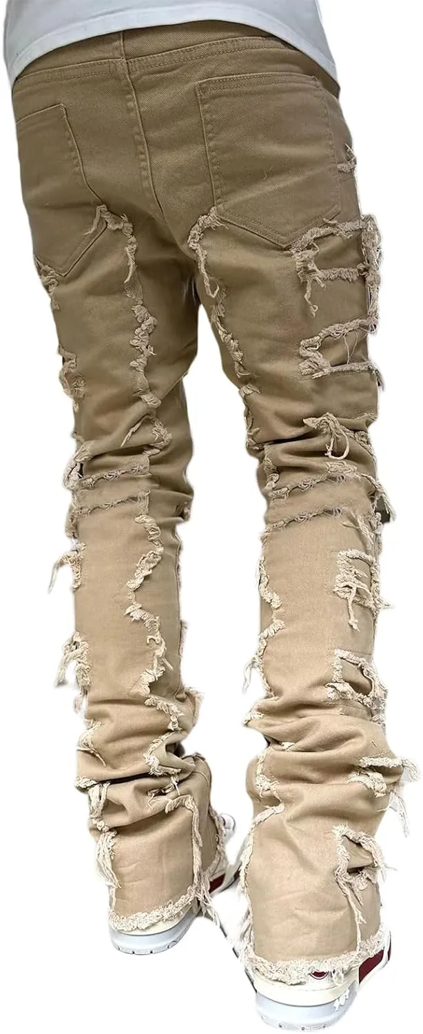 Men Stacked Jeans Distressed Destroyed Straight Denim Pants Fitted Solid Ripped Jeans Harajuku Cargo Trousers