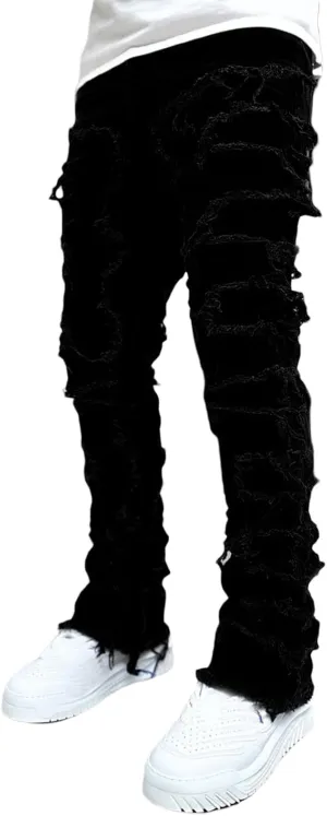 Men Stacked Jeans Distressed Destroyed Straight Denim Pants Fitted Solid Ripped Jeans Harajuku Cargo Trousers